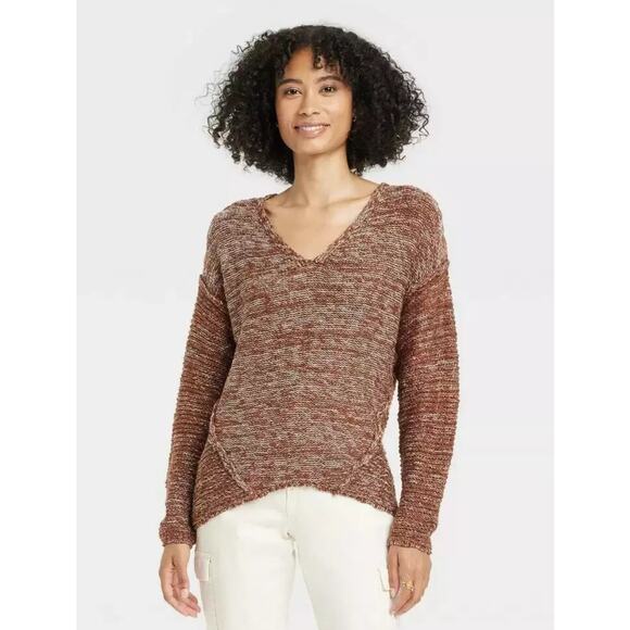 Universal Thread Brown Marled Knit V Neck Sweater Medium Exposed Side Seam - Picture 1 of 7